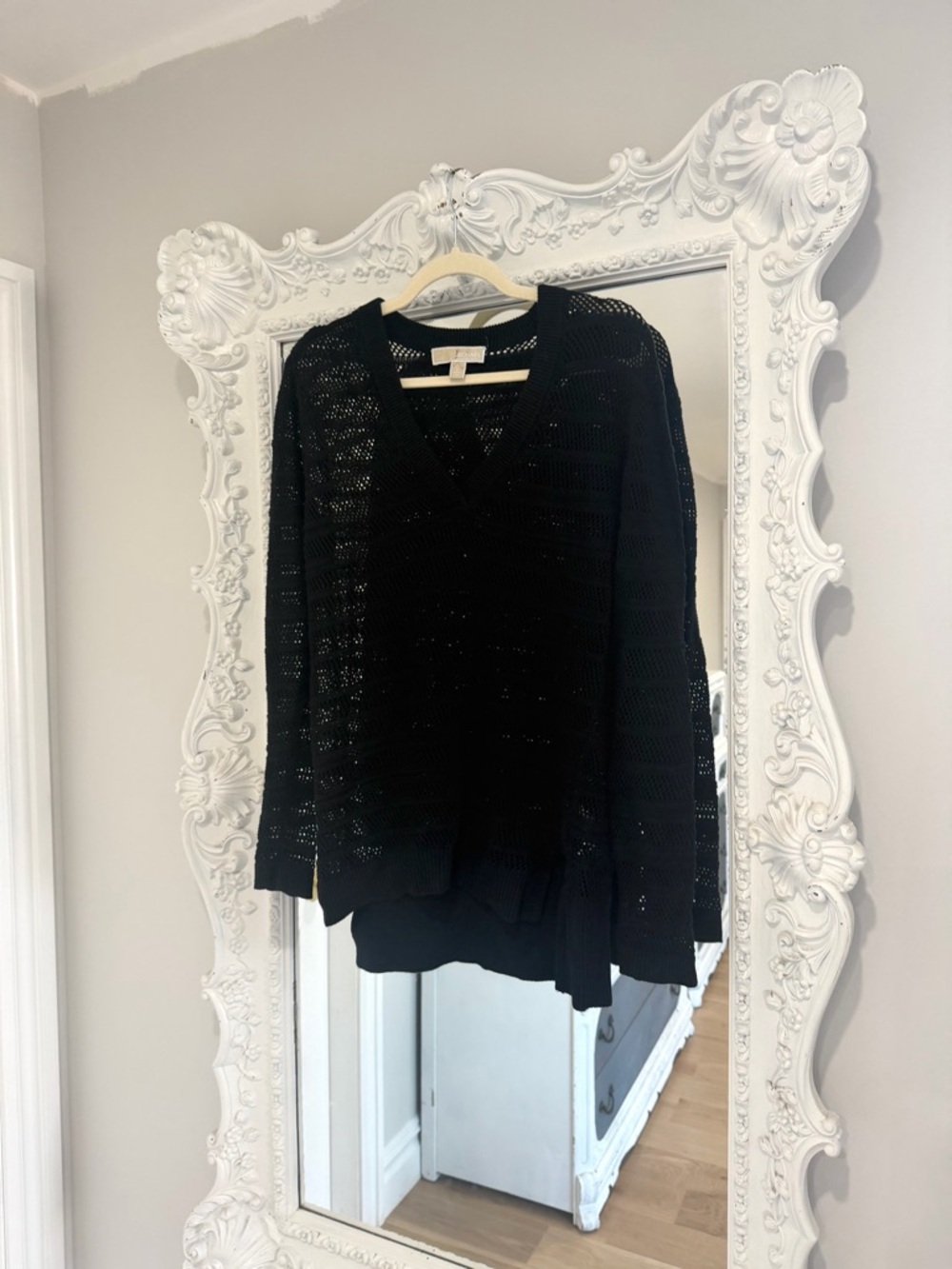 Michael Kors Black V-Neck Crochet Knit Sweater